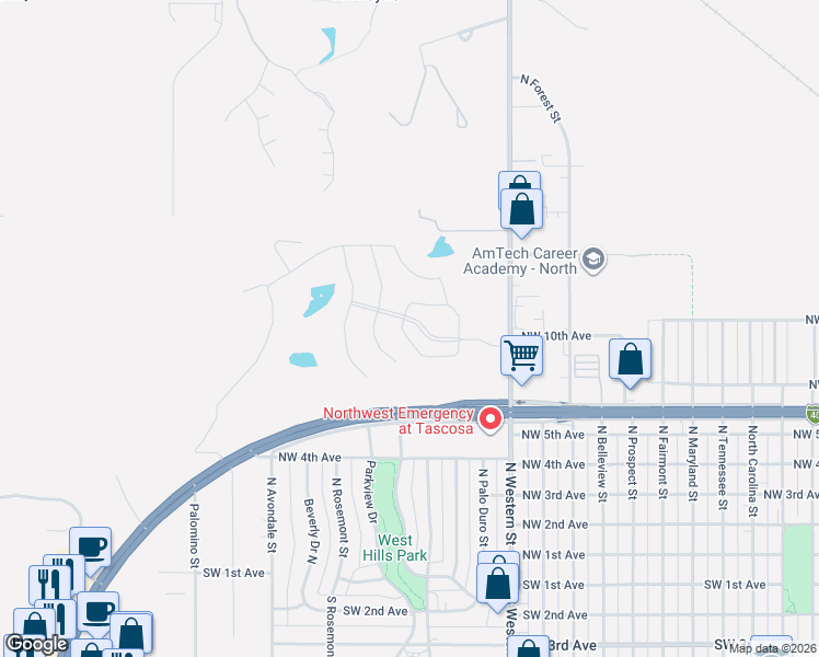 map of restaurants, bars, coffee shops, grocery stores, and more near 801 North Western Street in Amarillo