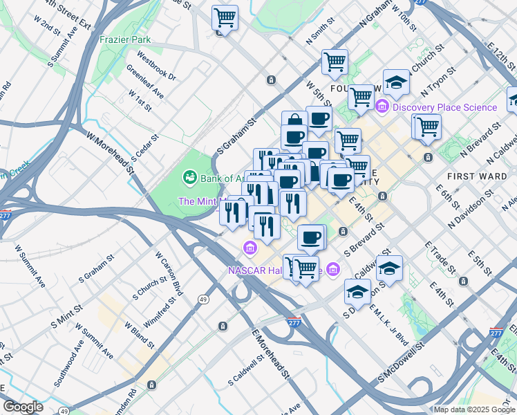 map of restaurants, bars, coffee shops, grocery stores, and more near 525 South Church Street in Charlotte