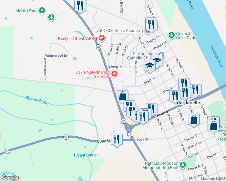 map of restaurants, bars, coffee shops, grocery stores, and more near 510 Rock Street in Dardanelle