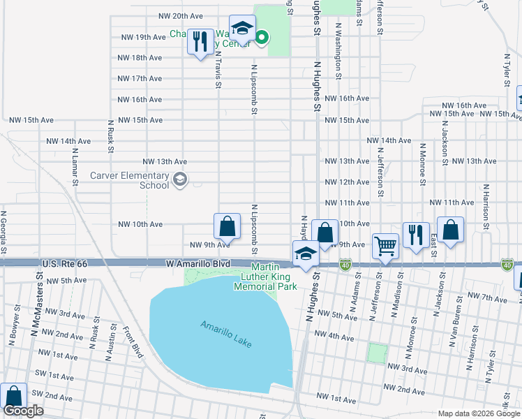 map of restaurants, bars, coffee shops, grocery stores, and more near 1326 Northwest 10th Avenue in Amarillo