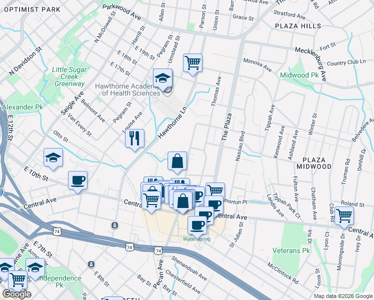 map of restaurants, bars, coffee shops, grocery stores, and more near 1570 Pecan Avenue in Charlotte
