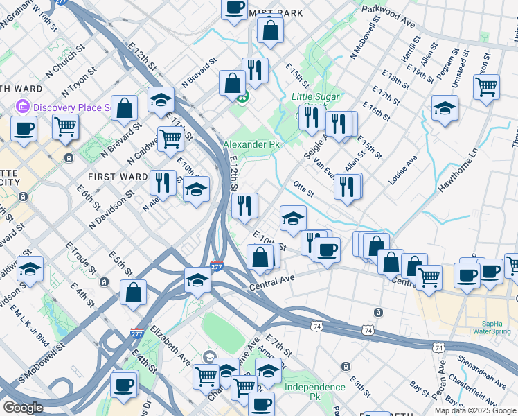 map of restaurants, bars, coffee shops, grocery stores, and more near 724 Seigle Avenue in Charlotte
