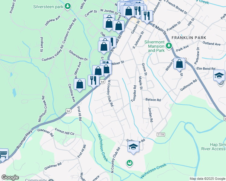 map of restaurants, bars, coffee shops, grocery stores, and more near 115 North Country Club Road in Brevard