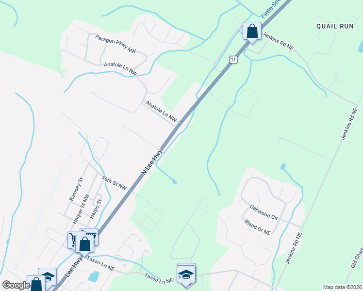 map of restaurants, bars, coffee shops, grocery stores, and more near 5620 North Lee Highway in Cleveland
