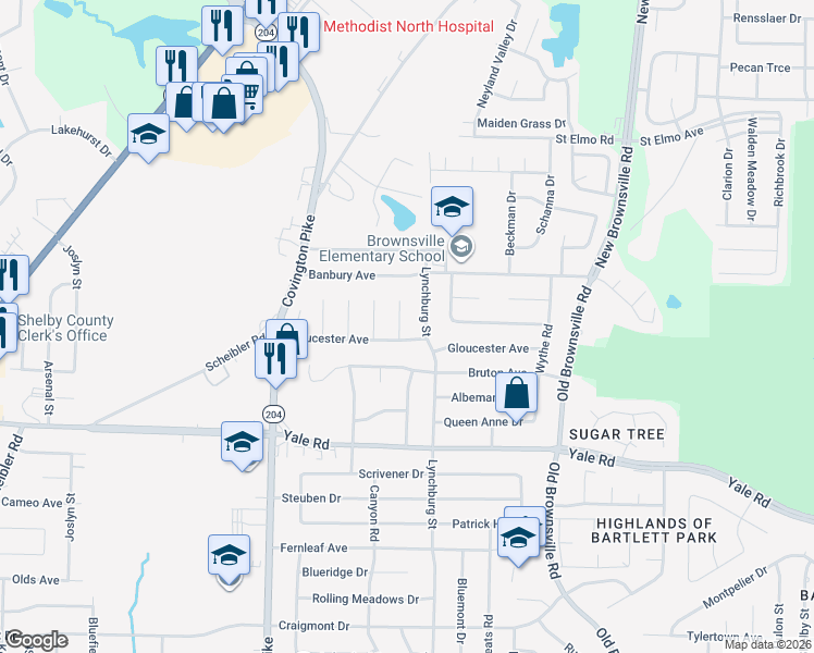 map of restaurants, bars, coffee shops, grocery stores, and more near 5230 Gloucester Avenue in Memphis