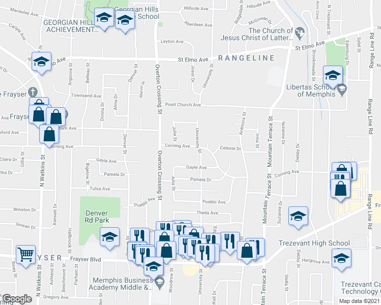 map of restaurants, bars, coffee shops, grocery stores, and more near 3629 Fiat Cove in Memphis