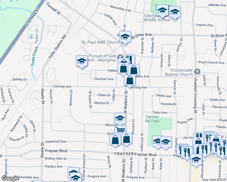 map of restaurants, bars, coffee shops, grocery stores, and more near 3624 Gillie Street in Memphis