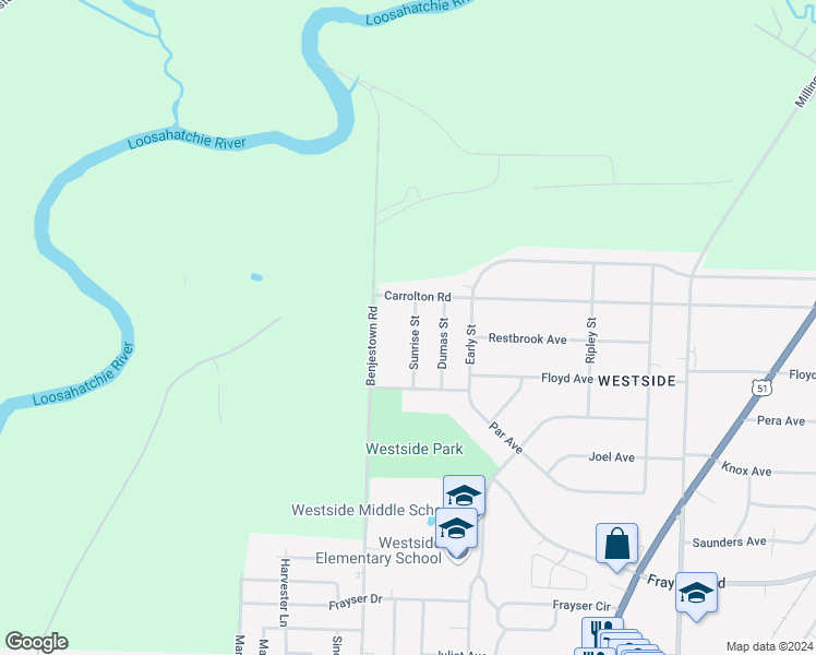 map of restaurants, bars, coffee shops, grocery stores, and more near 3624 Sunrise Street in Memphis