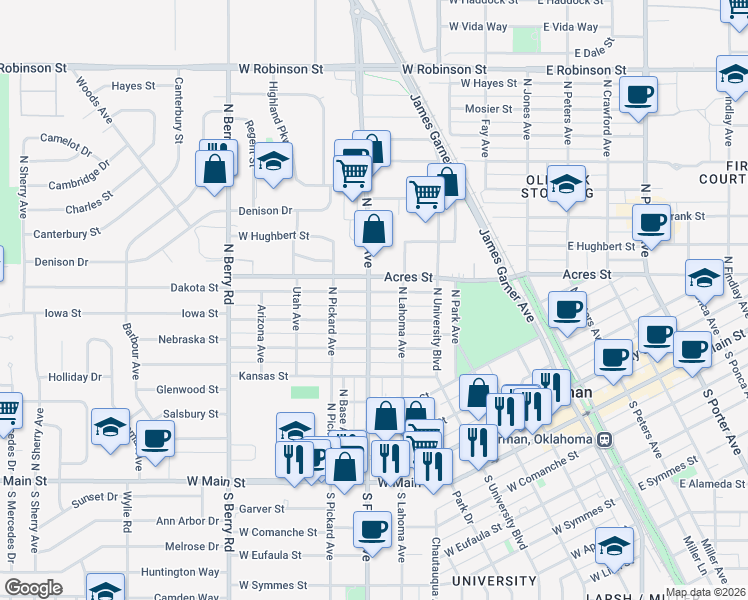 map of restaurants, bars, coffee shops, grocery stores, and more near 605 Iowa Street in Norman