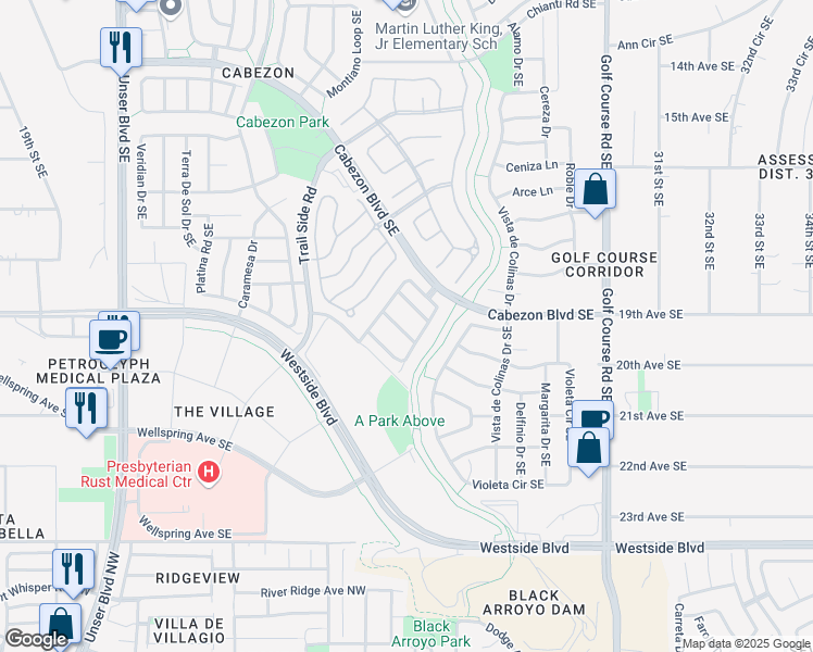 map of restaurants, bars, coffee shops, grocery stores, and more near 2564 Cerro Parrido Road Southeast in Rio Rancho