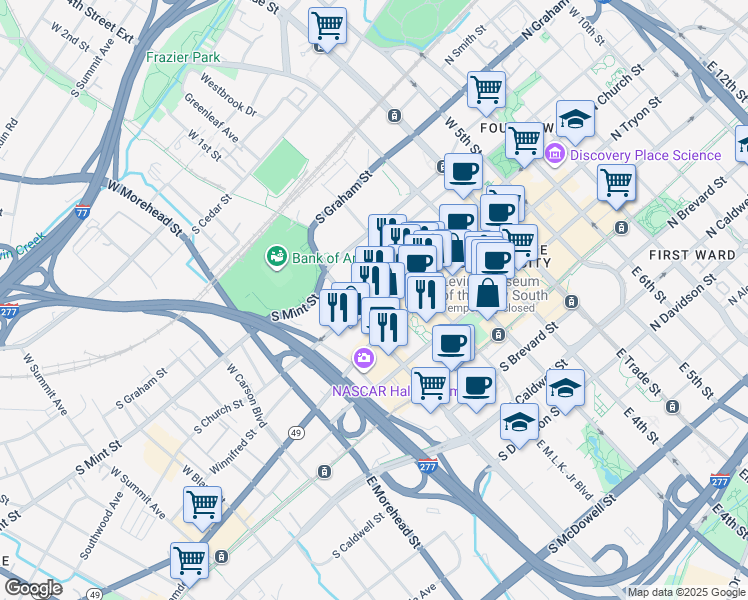 map of restaurants, bars, coffee shops, grocery stores, and more near 525 South Church Street in Charlotte