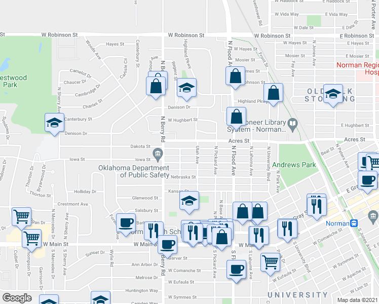 map of restaurants, bars, coffee shops, grocery stores, and more near 806 Dakota Street in Norman