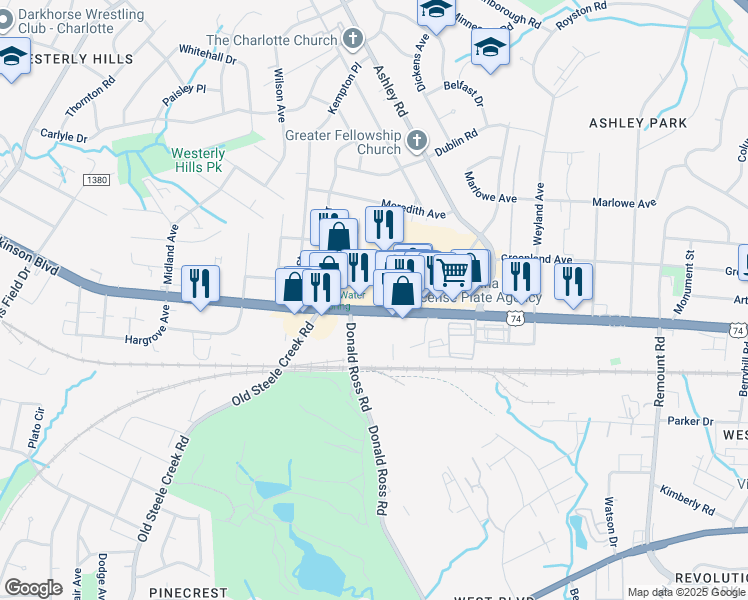 map of restaurants, bars, coffee shops, grocery stores, and more near 3310 Wilkinson Boulevard in Charlotte