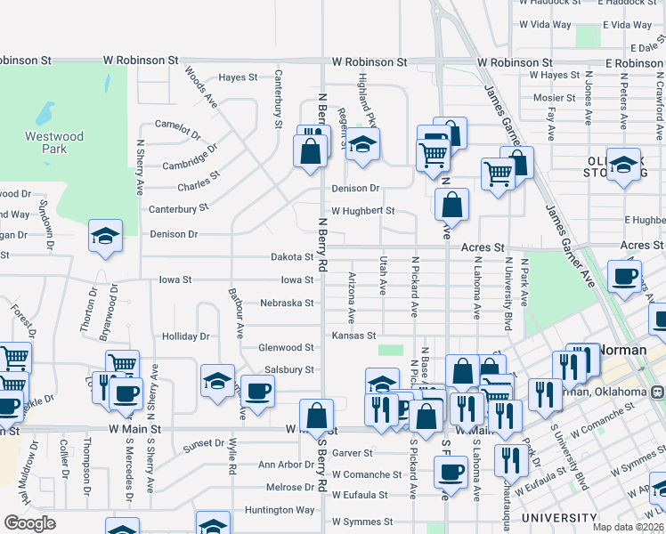 map of restaurants, bars, coffee shops, grocery stores, and more near 905 Dakota Street in Norman