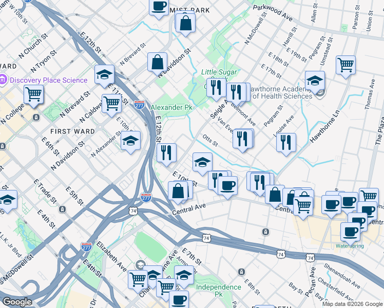 map of restaurants, bars, coffee shops, grocery stores, and more near 11007 Stetler Street in Charlotte