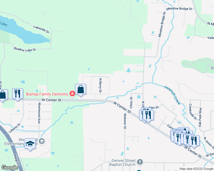 map of restaurants, bars, coffee shops, grocery stores, and more near 805 North Apple Street in Greenwood