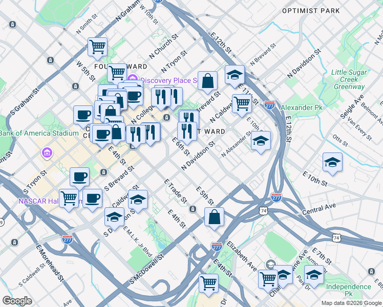 map of restaurants, bars, coffee shops, grocery stores, and more near 525 East 6th Street in Charlotte
