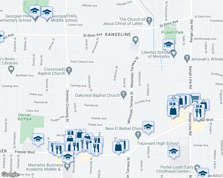 map of restaurants, bars, coffee shops, grocery stores, and more near 2301 Celeste Drive in Memphis