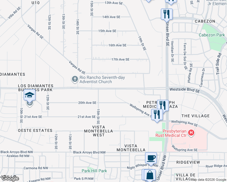 map of restaurants, bars, coffee shops, grocery stores, and more near 1601 Wellspring Avenue Southeast in Rio Rancho
