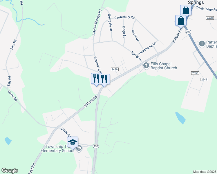 map of restaurants, bars, coffee shops, grocery stores, and more near 2267 South Post Road in Shelby