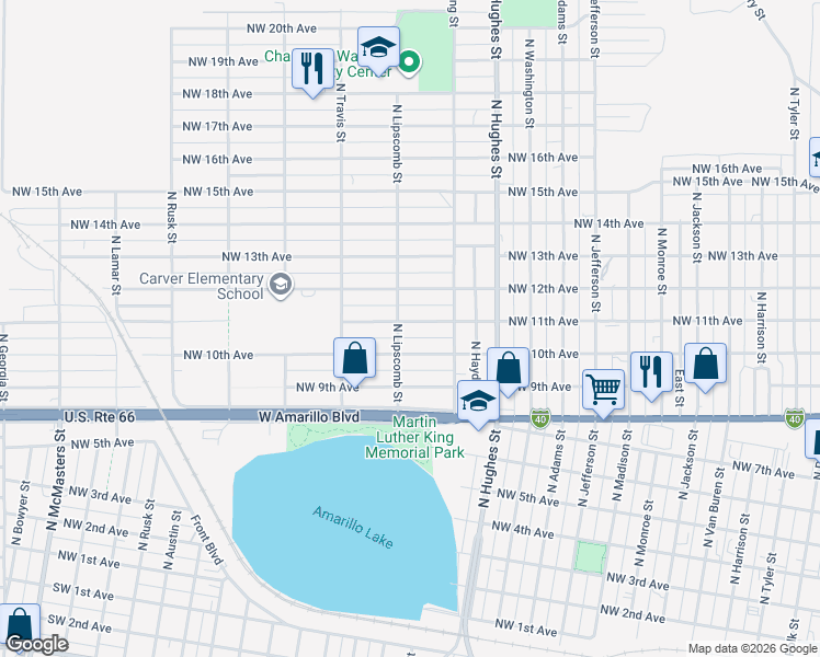 map of restaurants, bars, coffee shops, grocery stores, and more near 1326 Northwest 10th Avenue in Amarillo