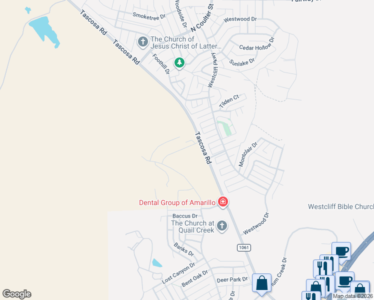 map of restaurants, bars, coffee shops, grocery stores, and more near 6712 Admiral Court in Amarillo