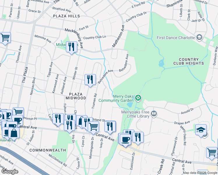 map of restaurants, bars, coffee shops, grocery stores, and more near 1938 Dunhill Drive in Charlotte