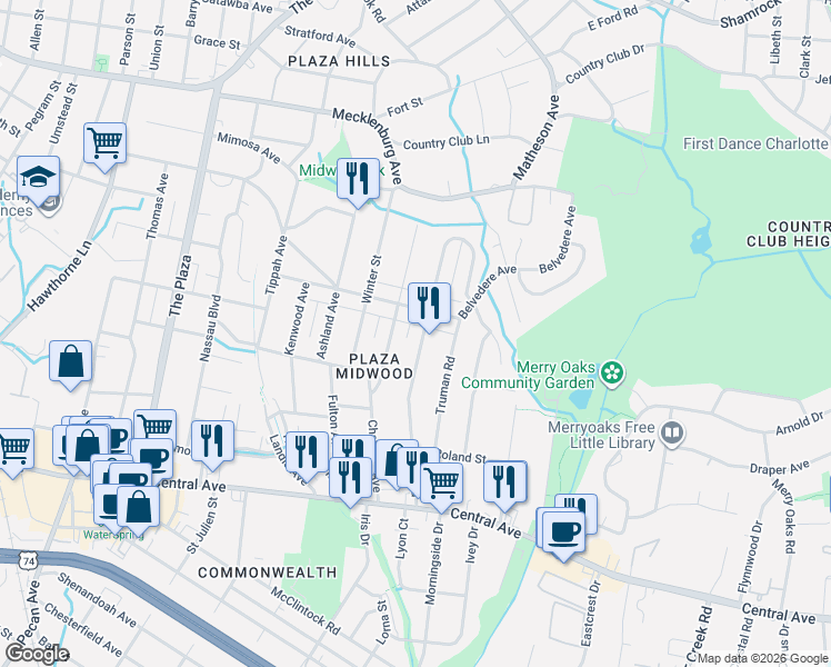 map of restaurants, bars, coffee shops, grocery stores, and more near 1927 Club Road in Charlotte