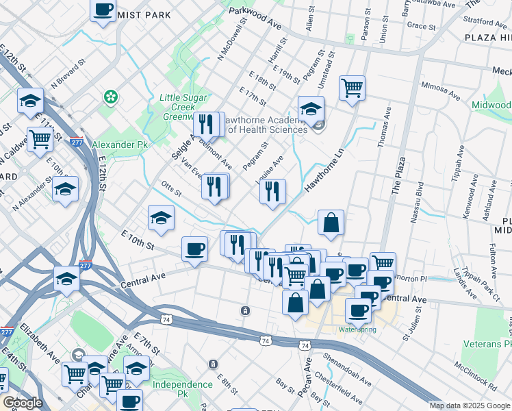 map of restaurants, bars, coffee shops, grocery stores, and more near in Charlotte