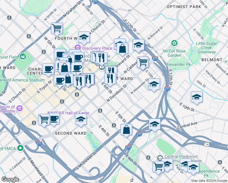 map of restaurants, bars, coffee shops, grocery stores, and more near 2 East 6th Street in Charlotte