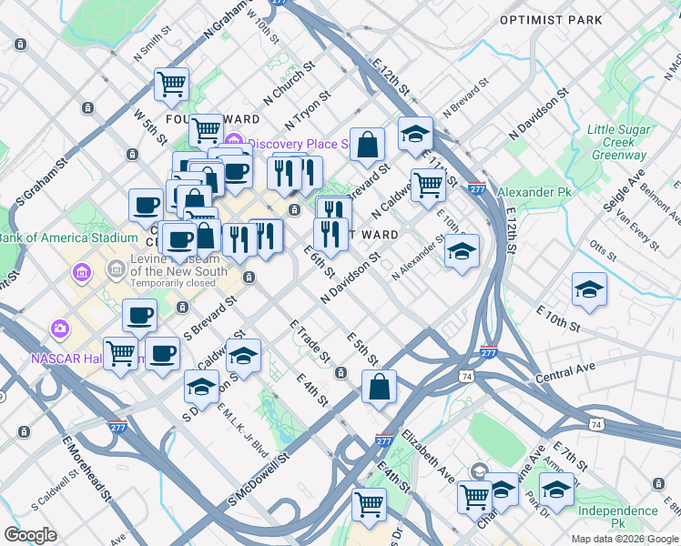 map of restaurants, bars, coffee shops, grocery stores, and more near in Charlotte