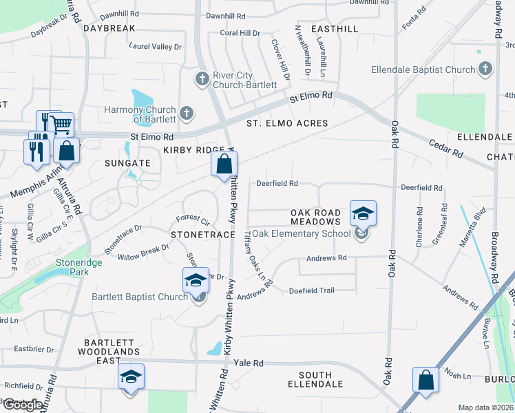 map of restaurants, bars, coffee shops, grocery stores, and more near 6885 Quailfield Lane in Memphis