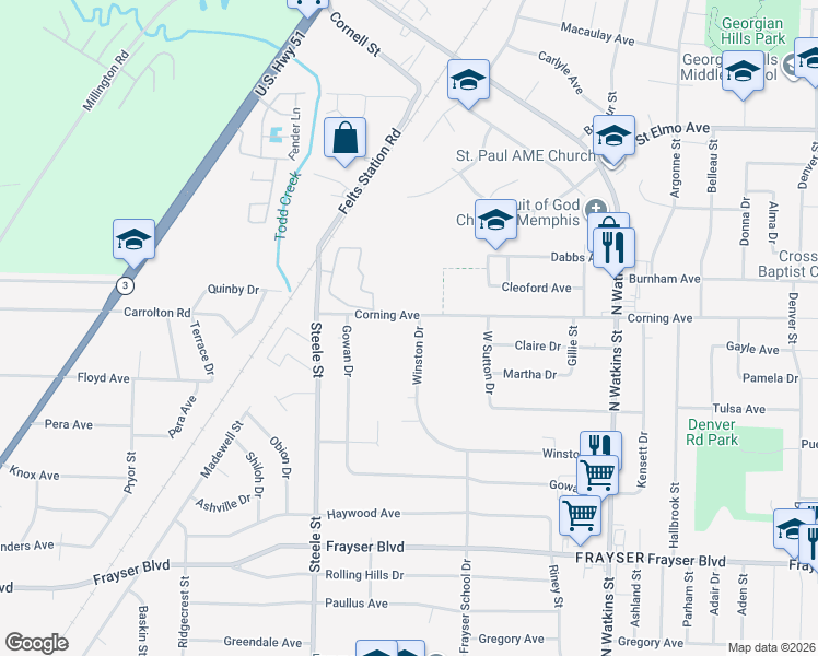 map of restaurants, bars, coffee shops, grocery stores, and more near 1541 Corning Avenue in Memphis