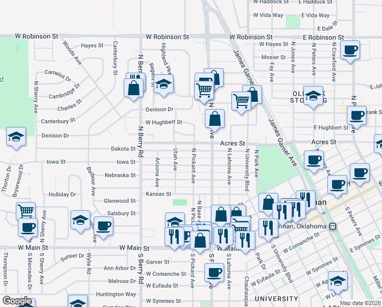 map of restaurants, bars, coffee shops, grocery stores, and more near 711 Iowa Street in Norman