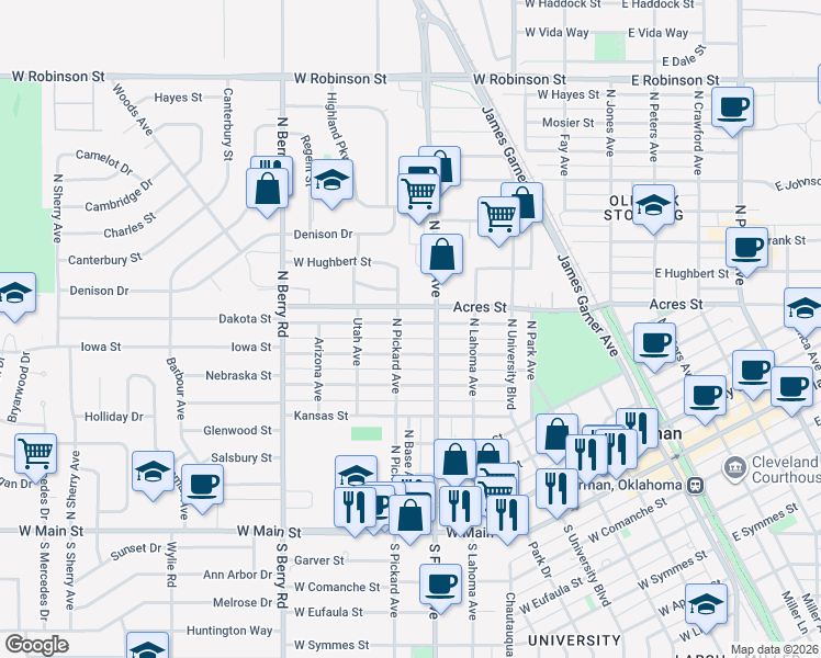 map of restaurants, bars, coffee shops, grocery stores, and more near 605 Iowa Street in Norman