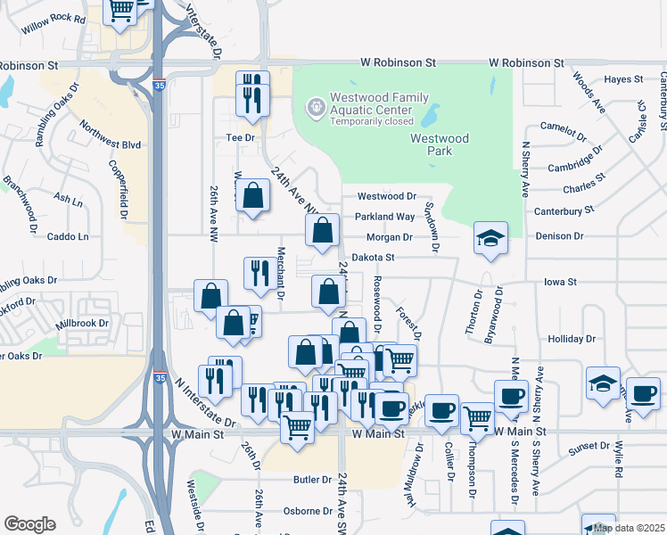 map of restaurants, bars, coffee shops, grocery stores, and more near 510 24th Avenue Northwest in Norman