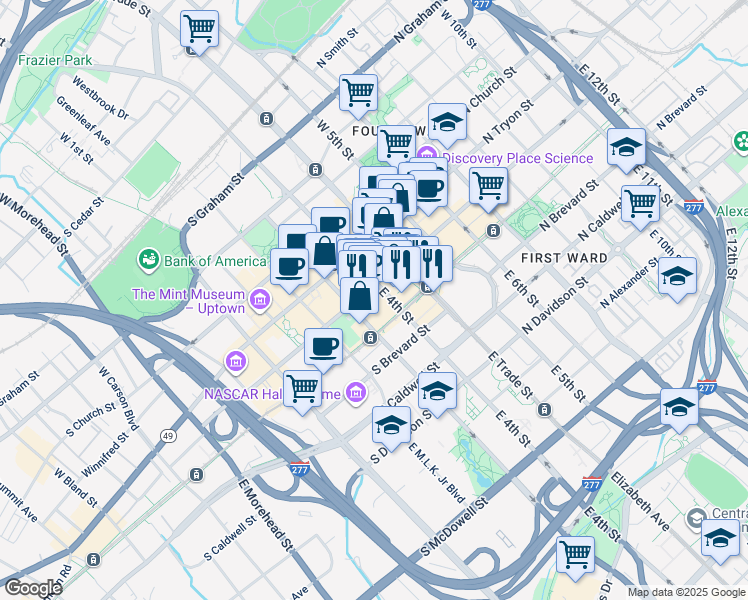 map of restaurants, bars, coffee shops, grocery stores, and more near in Charlotte