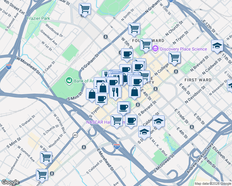 map of restaurants, bars, coffee shops, grocery stores, and more near S Tryon St & W Martin Luther King Jr Blvd in Charlotte
