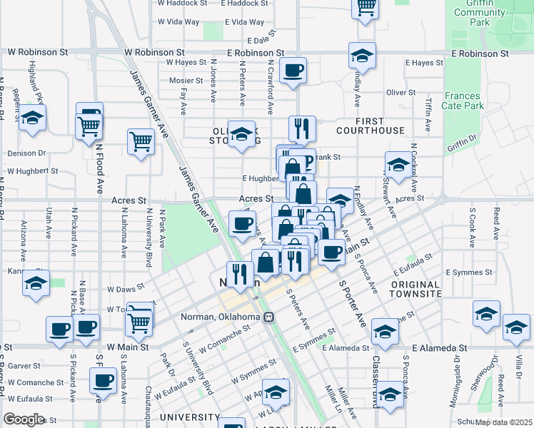 map of restaurants, bars, coffee shops, grocery stores, and more near 217 East Daws Street in Norman