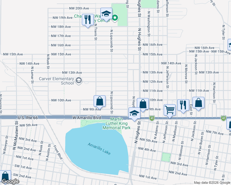 map of restaurants, bars, coffee shops, grocery stores, and more near 1326 Northwest 10th Avenue in Amarillo