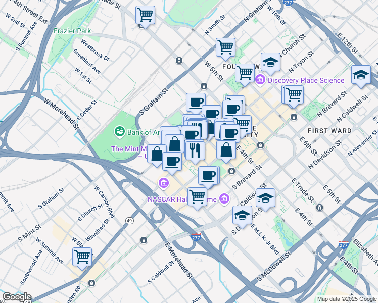 map of restaurants, bars, coffee shops, grocery stores, and more near 400 South Tryon Street in Charlotte