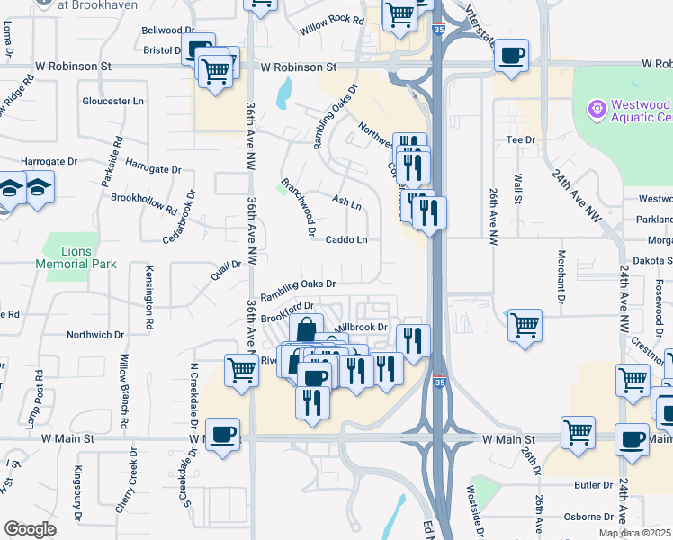 map of restaurants, bars, coffee shops, grocery stores, and more near 510 Fenwick Court in Norman