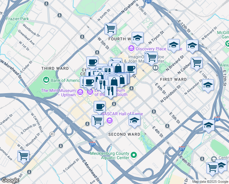 map of restaurants, bars, coffee shops, grocery stores, and more near 201 South College Street in Charlotte