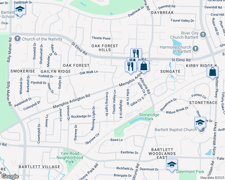 map of restaurants, bars, coffee shops, grocery stores, and more near 3620 Thistle Valley Lane in Bartlett