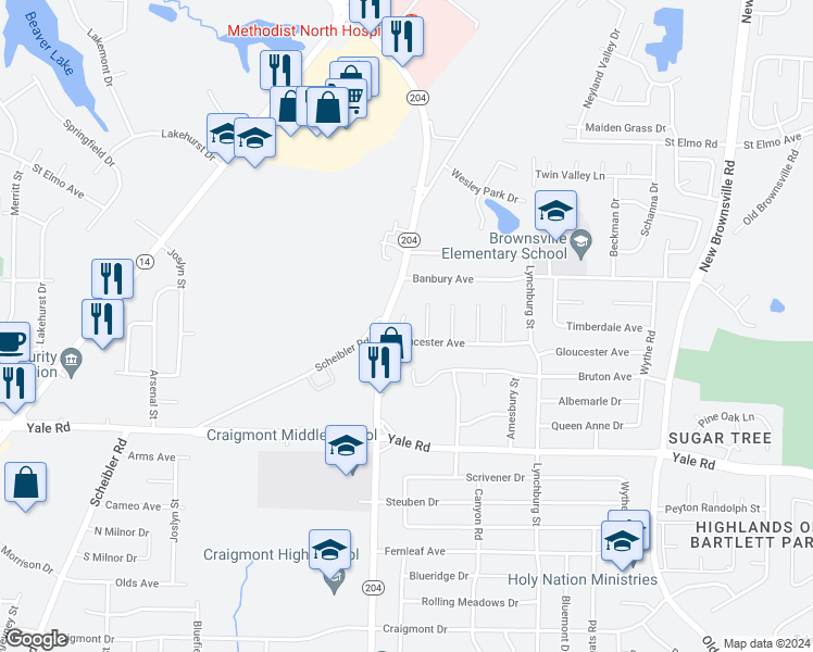 map of restaurants, bars, coffee shops, grocery stores, and more near 3634 Gloucester Cove in Memphis
