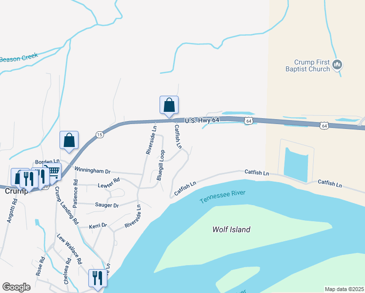 map of restaurants, bars, coffee shops, grocery stores, and more near 190 Catfish Lane in Crump