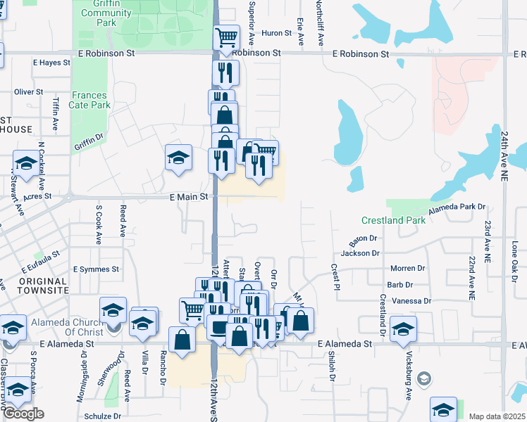 map of restaurants, bars, coffee shops, grocery stores, and more near 1312 East Main Street in Norman