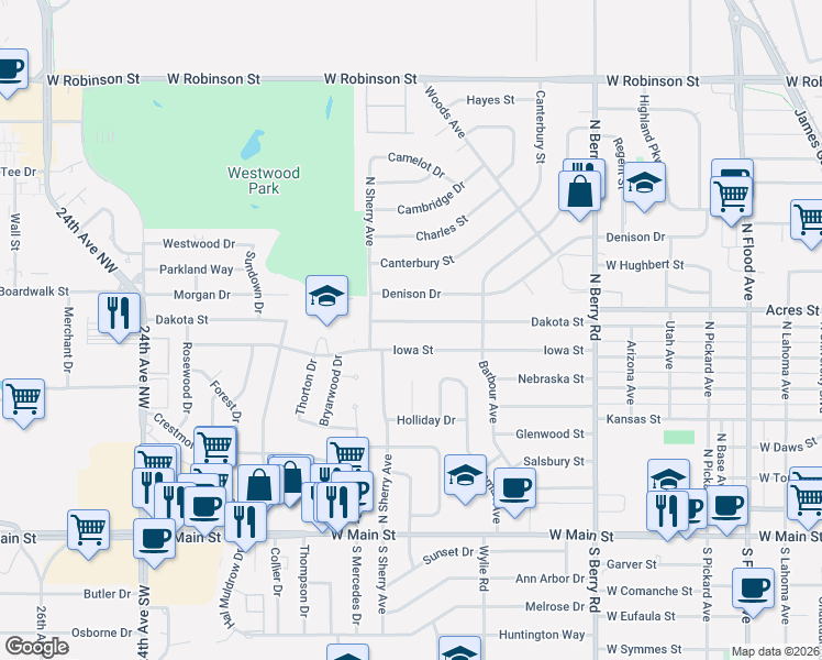 map of restaurants, bars, coffee shops, grocery stores, and more near 1607 Iowa Street in Norman