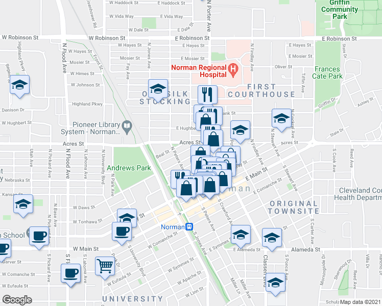 map of restaurants, bars, coffee shops, grocery stores, and more near 227 East Daws Street in Norman