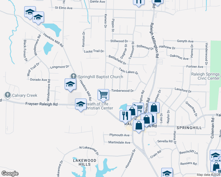 map of restaurants, bars, coffee shops, grocery stores, and more near 3933 Timberwood Drive in Memphis